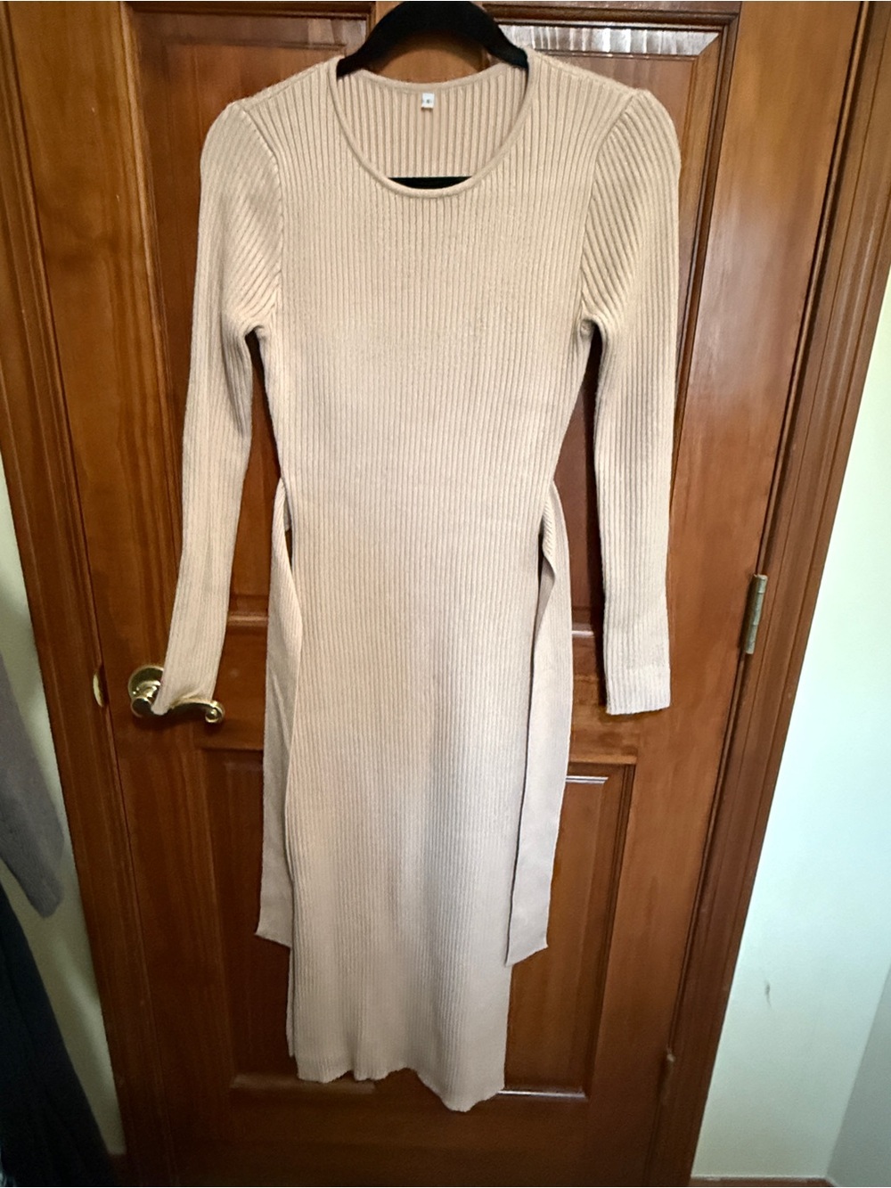 SHEIN Beige Ribbed Long Sleeve Side-Slit Midi Dress